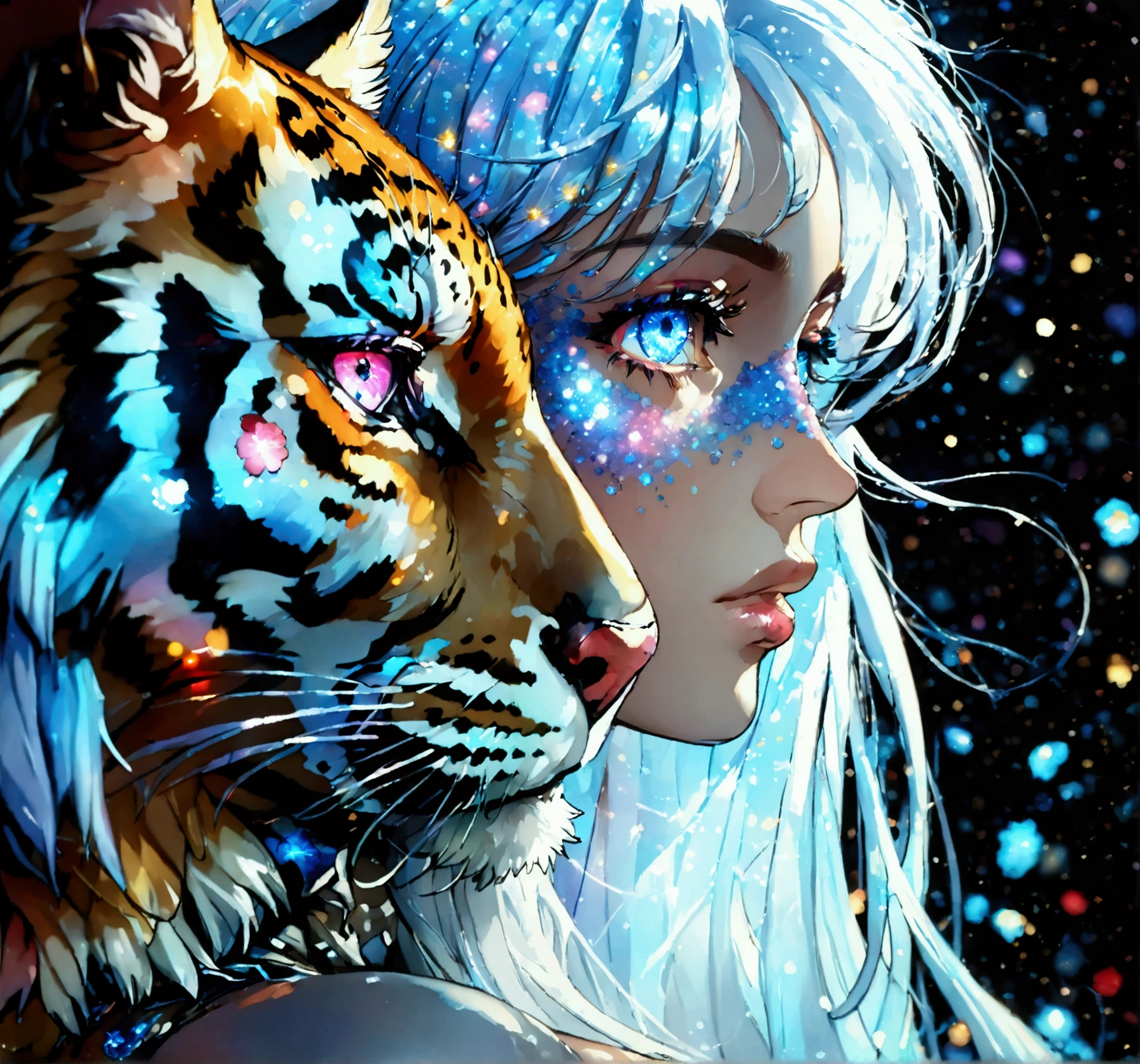 PORTRAIT, only face portrait, macro, a battle angel portrait, beautiful white skin with sparkles and glitter, long long hair with blue flowers on hair, shiny and lightening eyes, cosmos eyes, next to a red tiger, highly detailed fur (vectorized) blue lightening eyes, detailed skin, image is compelling with dynamic composition and energetic posing. Include many fantasy details such as bumps, phantasmal iridescence, glitter, galaxy, cosmos, ((dark celestialskin body, void cosmic body)), (((dark background))), (((lights off))), (((hollywood dark))), horror, dramatic shadows, (in a dark fantasy space:1.3, glitter, sparkle, gleam) vector digital illustration, (black background:1.5)sharp
