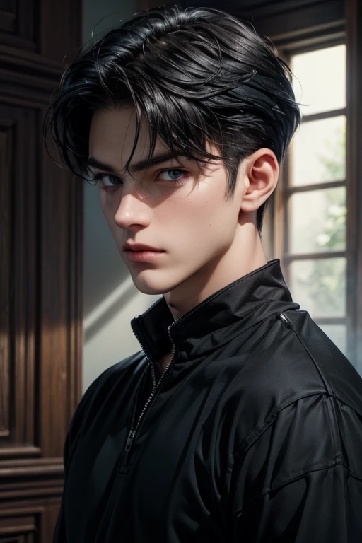 ((best quality)), ((Masterpiece)), (details), ((perfect face)), ((half body)) Handsome face, man, teenage boy, perfect proportions, ตัวละครman manhwa, ((black )) short hair, ((dark blue)) eyes, man version, ((black)) Shirt clothes, ((black)) black, The body is in good condition., Serious expression, Look up, looking down, Looks arrogant, ((white)) castle details background, ((white)) castle details ยืนพิงประตู มีหูมีหาง เสือดำ