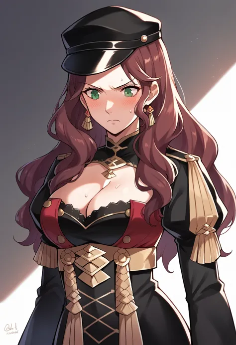 score_9, score_8_up, score_7_up, source_anime, dorothea (fire emblem), bust shot, black headwear,  (black long-sleeve uniform), ...