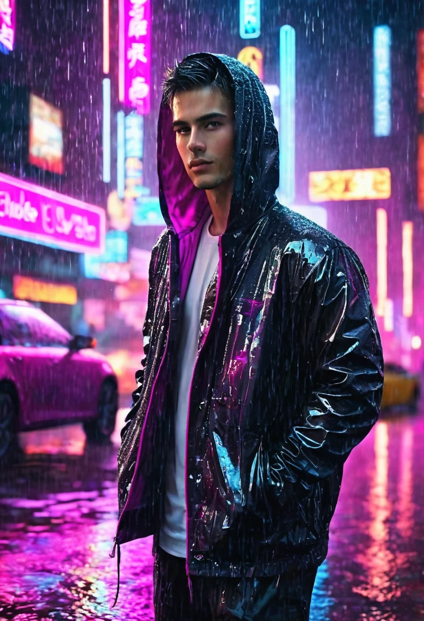 (Masterpiece, Best Quality, high resolution, fondo de pantalla de unidad 32k, Extremely detailed CG:1), (weak illustration on stage:1.0), ((1 young handsome man:1.55 by cyberpunk:1.5 )),(( cyberpunk night city:1.4)), neon signs futuristic cars,dark place rain, ((wet clothes magenta neon lights illuminating the young man perfectly:1.45) . 32k