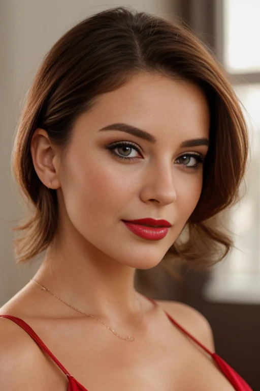 a closeup of a 30 year old woman, Attractive woman, Photo of a beautiful woman, beautiful woman face, attractive face and body, sexy executive woman, With a red dress, beautiful and seductive woman, aesthetic face, light brown hair, red lipstick on lips.