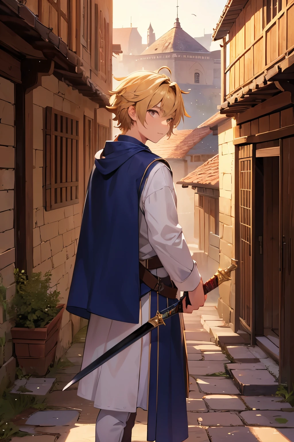 a blond, Miso, Brown eyes, (A masterpiece:1.2), Best Quality, high resolucion, Unity 8k wallpaper, (Illustration:1.0), beautiful detail, Extremely detailed, 18-year-old boy, Back lighting, glittering, medieval village_Background with, weapons_sword, light blue robe, Solo, perfect light, Extremely detailed CG