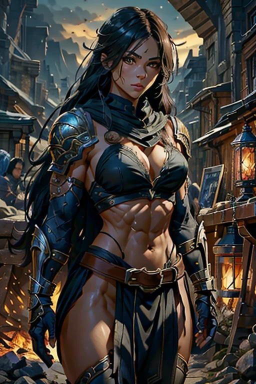 muscular female, archer/rogue class, mixed blood human and dragon, detailed facial features, intricate armor, dynamic pose, fantasy landscape, warm lighting, cinematic composition, epic scale, dramatic colors, digital art, concept art style