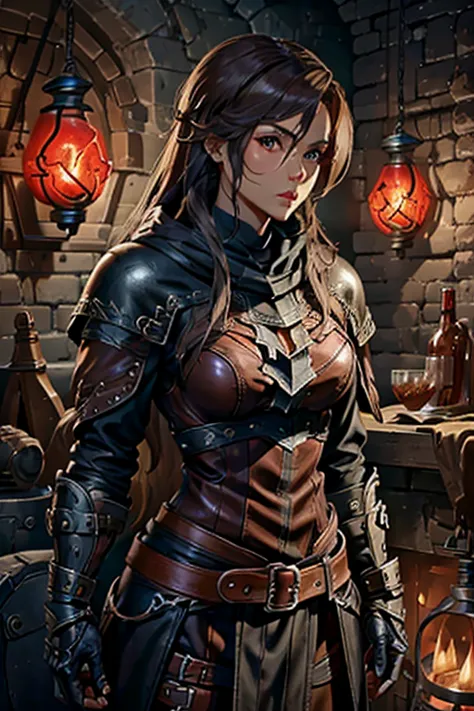 musclar female, archer/ rouge class, mixed blood human and dragon, in full , leather armor
