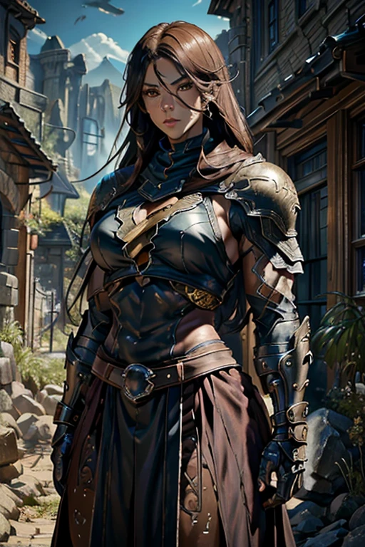 muscular female, archer/rogue class, mixed blood human and dragon, detailed facial features, intricate armor, dynamic pose, fantasy landscape, warm lighting, cinematic composition, epic scale, dramatic colors, digital art, concept art style, full leather armor