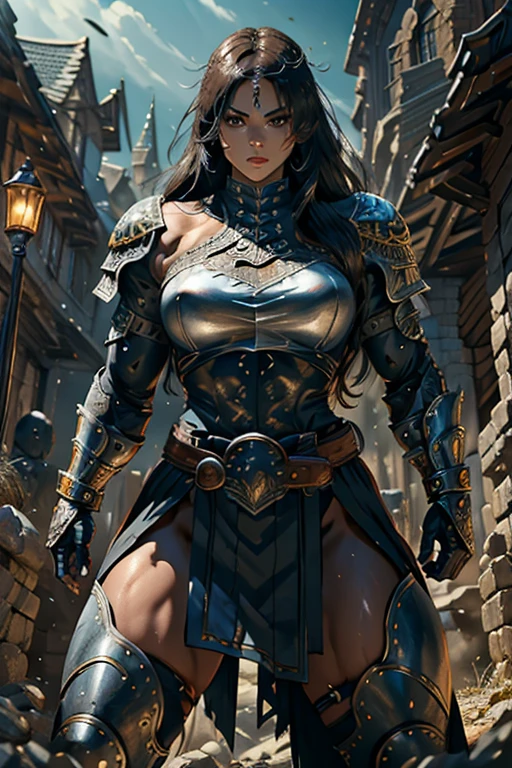 muscular female warrior, in detailed intricate medieval armor, wielding an ornate sword and shield, dynamic action pose, highly detailed, cinematic lighting, epic fantasy, rich colors, dramatic atmosphere