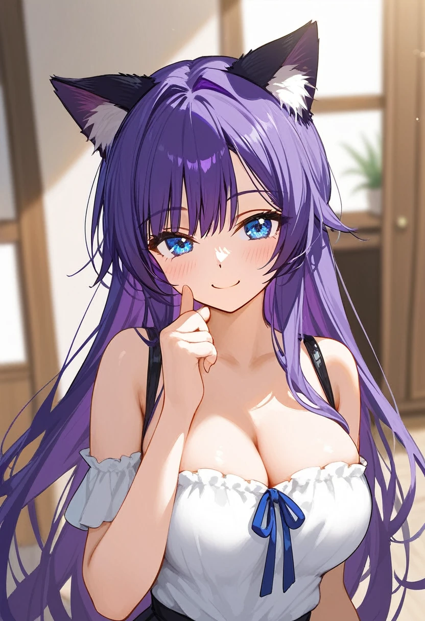 1girl, Blue eyes, Long Hair, Bangs, Purple Hair, Breasts, Smile, Blush, Light Smile, cat ears