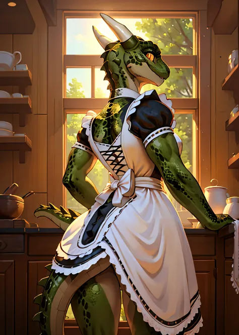 [Lusty argonian maid], ((masterpiece)), ((HD)), ((high res)), ((solo portrait)), ((back view)), ((low angle view)), ((waist up))...