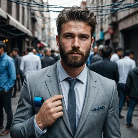 raw photo, full body portrait of a beautiful man with a beard in a grey suite, he stands in a crowded street with tangled power ...