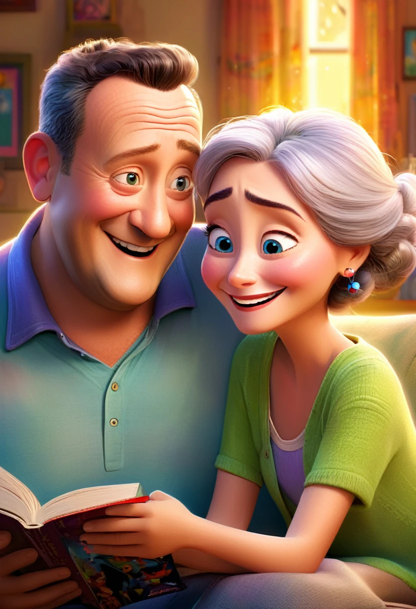 (wide range:1.2),(bright and vibrant colors), (high resolution), (realisitic:1.37), Disney Pixar Movie Poster, (arte de Kevin James), skinny, no muscle, (75 year old man and his grandson),grandmother and grandson, (beautiful detailed eyes:1.1), (beautiful detailed lips:1.1), smiling with a warm expression, (charming appearance:1.1), (professional lighting), (ultra-thin rendering), upper-body shot, (expressive facial features:1.1), reading a book to her son, (reading carefully:1.1), surrounded by magical elements representing different Pixar films, (dynamic composition), (whimsical details), (playful characters), vibrant background, full of color and joy, (3D rendering), (fantastic art style), (nostalgic aesthetic), (attention to the details:1.1).
