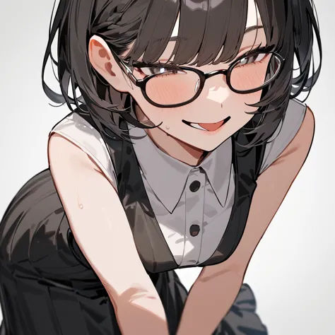 masterpiece, highest quality, so beautiful, absurd,
one girl, alone, black hair, bobcut,
thermont 16a, glasses, 
collared shirt,...