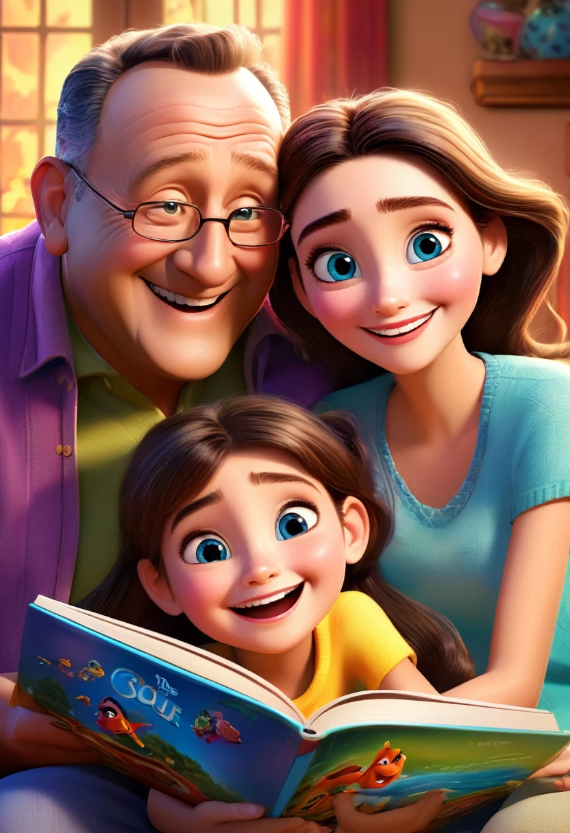 (wide range:1.2),(bright and vibrant colors), (high resolution), (realisitic:1.37), Disney Pixar Movie Poster, (arte de Kevin James), skinny, no muscle, (75 year old man and his 6 year old granddaughter ), Grandfather and granddaughter, (beautiful detailed eyes:1.1), (beautiful detailed lips:1.1), smiling with a warm expression, (charming appearance:1.1), (professional lighting), (ultra-thin rendering), upper-body shot, (expressive facial features:1.1), reading a book to her son, (reading carefully:1.1), surrounded by magical elements representing different Pixar films, (dynamic composition), (whimsical details), (playful characters), vibrant background, full of color and joy, (3D rendering), (fantastic art style), (nostalgic aesthetic), (attention to the details:1.1).