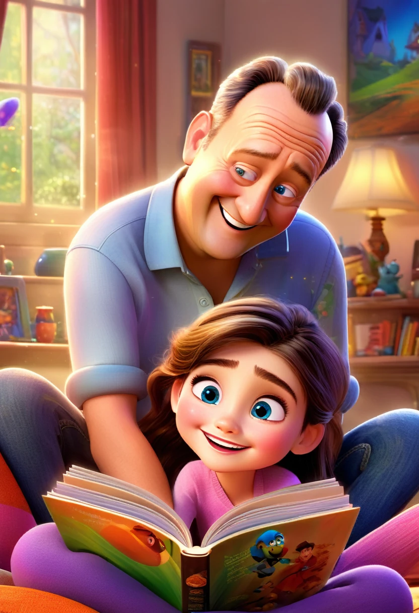 (wide range:1.2),(bright and vibrant colors), (high resolution), (realisitic:1.37), Disney Pixar Movie Poster, (arte de Kevin James), skinny, no muscle, (75 year old man and his 6 year old granddaughter ), Grandfather and granddaughter, (beautiful detailed eyes:1.1), (beautiful detailed lips:1.1), smiling with a warm expression, (charming appearance:1.1), (professional lighting), (ultra-thin rendering), upper-body shot, (expressive facial features:1.1), reading a book to her son, (reading carefully:1.1), surrounded by magical elements representing different Pixar films, (dynamic composition), (whimsical details), (playful characters), vibrant background, full of color and joy, (3D rendering), (fantastic art style), (nostalgic aesthetic), (attention to the details:1.1).