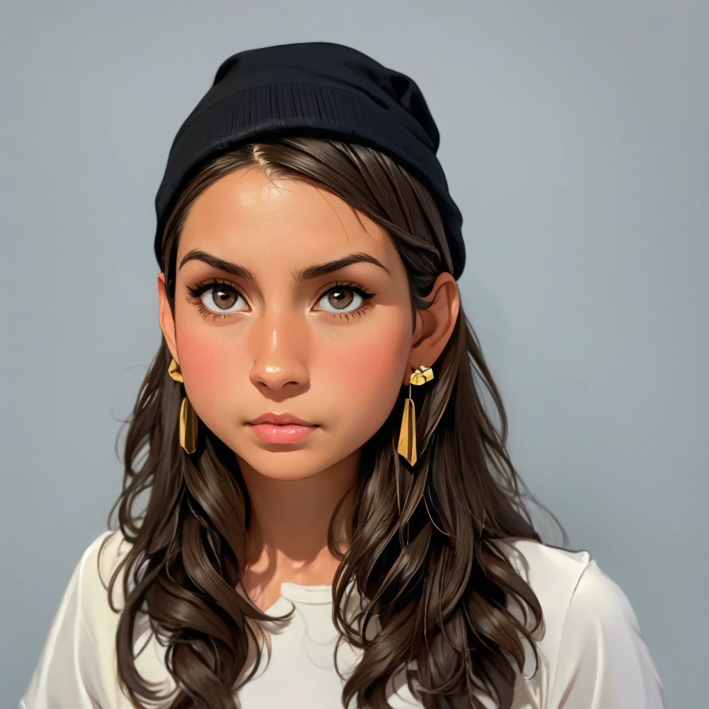 1girl, solo, long hair, black hair, written clothes, brown eyes, looking at the viewer, beanie, lips, upper body, closed mouth, shirt, earrings, ( solo, grey background), ilyakuvshinov, painterly style, cinematic composition, semi-realistic, limited color palette, (Wes Anderson color palette, Wes Anderson symmetry, pastel colors,)