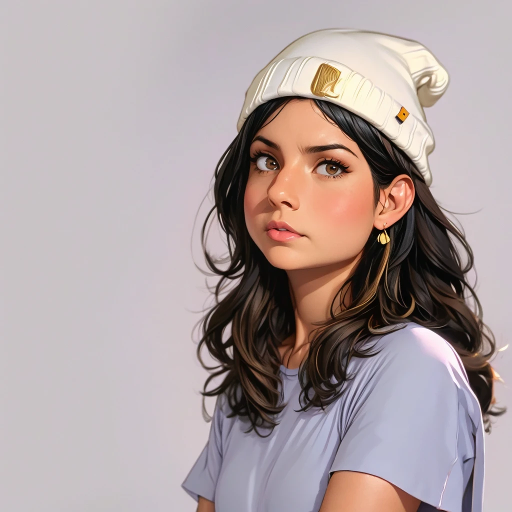 1girl, solo, long hair, black hair, written clothes, brown eyes, looking at the viewer, beanie, lips, upper body, closed mouth, shirt, earrings, ( solo, grey background), ilyakuvshinov, painterly style, cinematic composition, semi-realistic, limited color palette, (Wes Anderson color palette, Wes Anderson symmetry, pastel colors,)