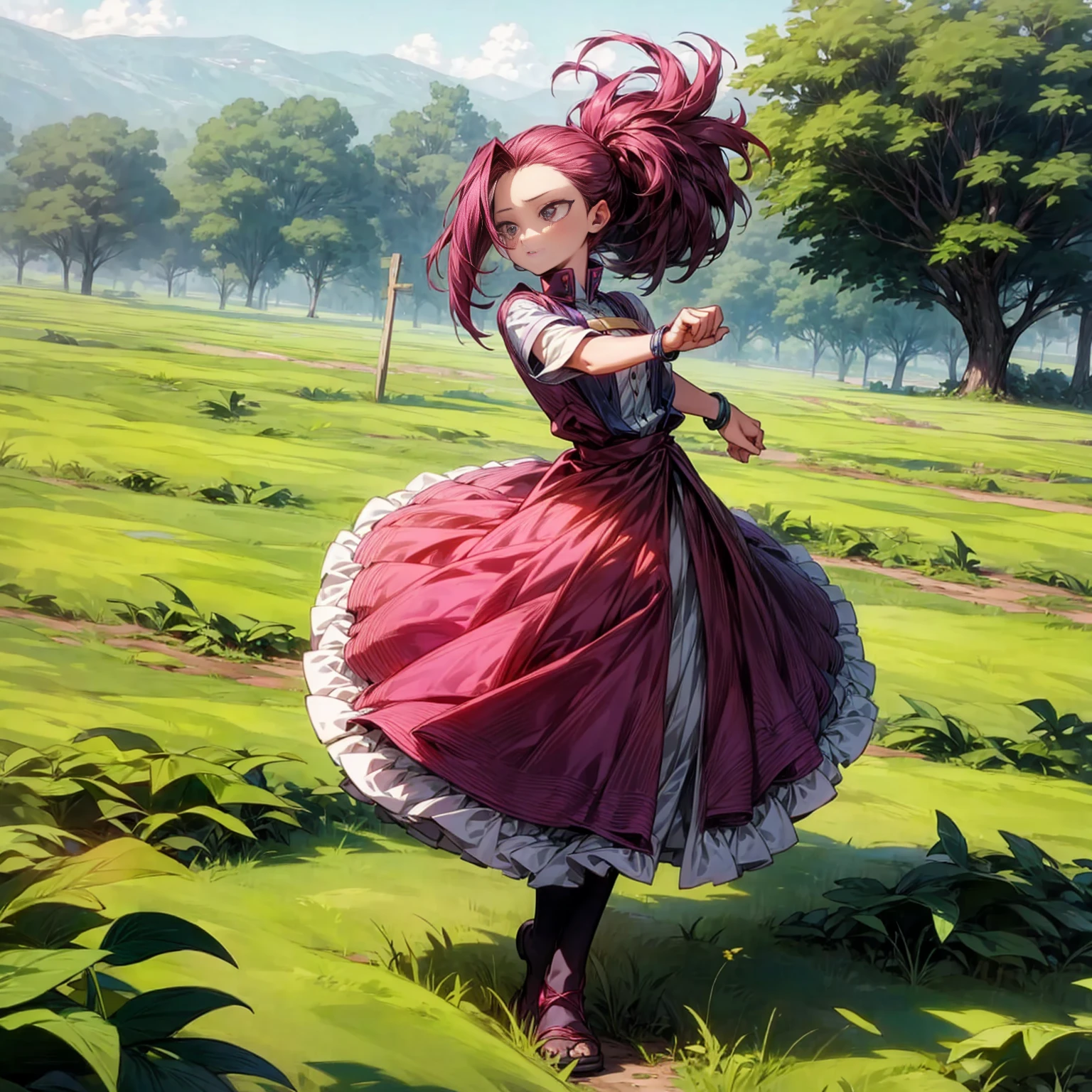 1childern girl, Full body version, 1character, black eyes, short Curly haircut, magenta color hair, Farmer style clothing, blue colour clothing, bracelet, Grassroots, background in field, motion blur, (kimetsu no yaiba style art)