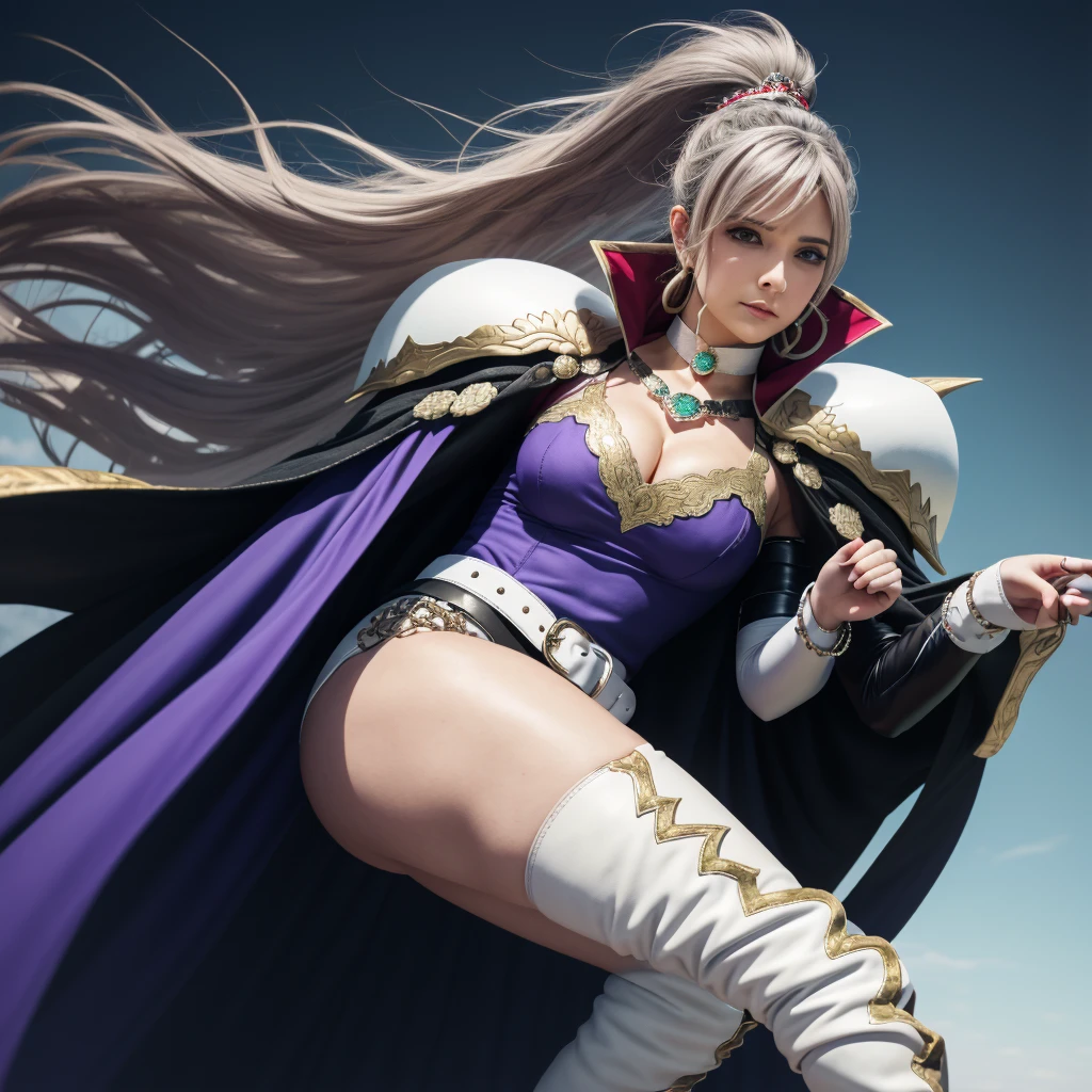 def_ishtar, purple dress, black cape, shoulder armor, jewelry, earrings, thigh boots, side slit, elbow gloves, cleavage, choker, necklace, belt, high heel boots, bridal gauntlets ,bracelet anklet, white footwear, portrait 