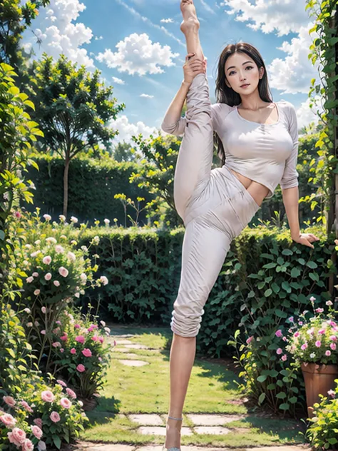 1 girl,one-leg stand,leg lift,socks,腿socks,underwear,garden,flowers,blue sky,looking at the audience,photopractical,practical,so...