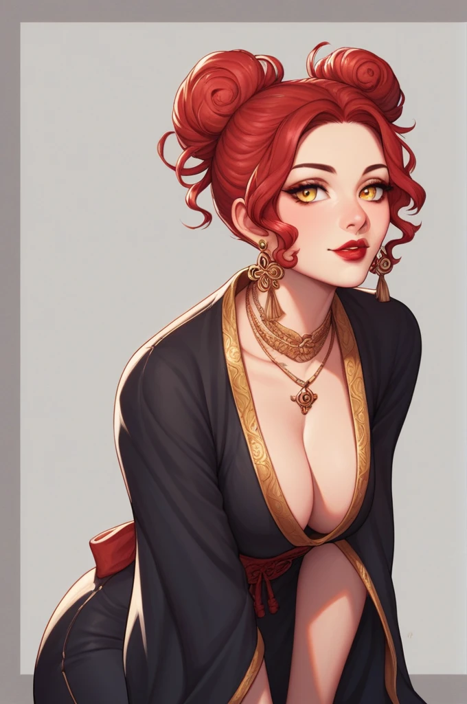 score_9, score_8_up, score_7_up, score_6_up, score_5_up, score_4_up, xian mei, golden eyes, red curly hair, red hair, big, black and gold dress, necklace, drop hanging earrings, long earrings, red lipstick, detailed eyes, bare feet, hair bun, chinese style bedroom, traditional wear, sexy attractive, hot black fur robe, middle age, traditional,