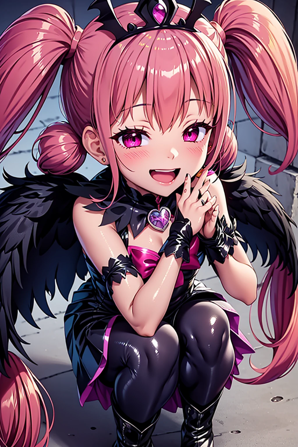 cure happy, 1girl, pink hair, low twintails, black feather hair ornament, skirt, black tiara, wrist cuffs, black gothic dress, low bat wings, black fur, blush cheeks, black enamel boots, corruption, half-closed eyes, evil smile, no pupils, (evil smile), (shiny fabric:1.5) open mouth, dark magical girl