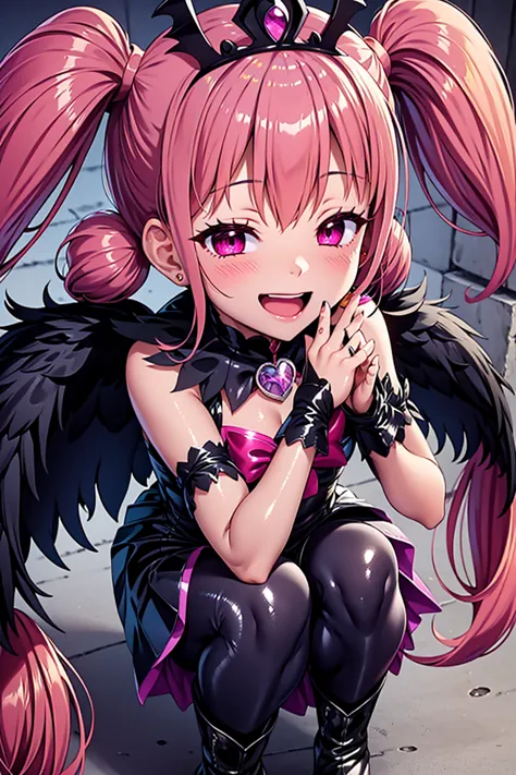 cure happy, 1girl, pink hair, low twintails, black feather hair ornament, skirt, black tiara, wrist cuffs, black gothic dress, l...
