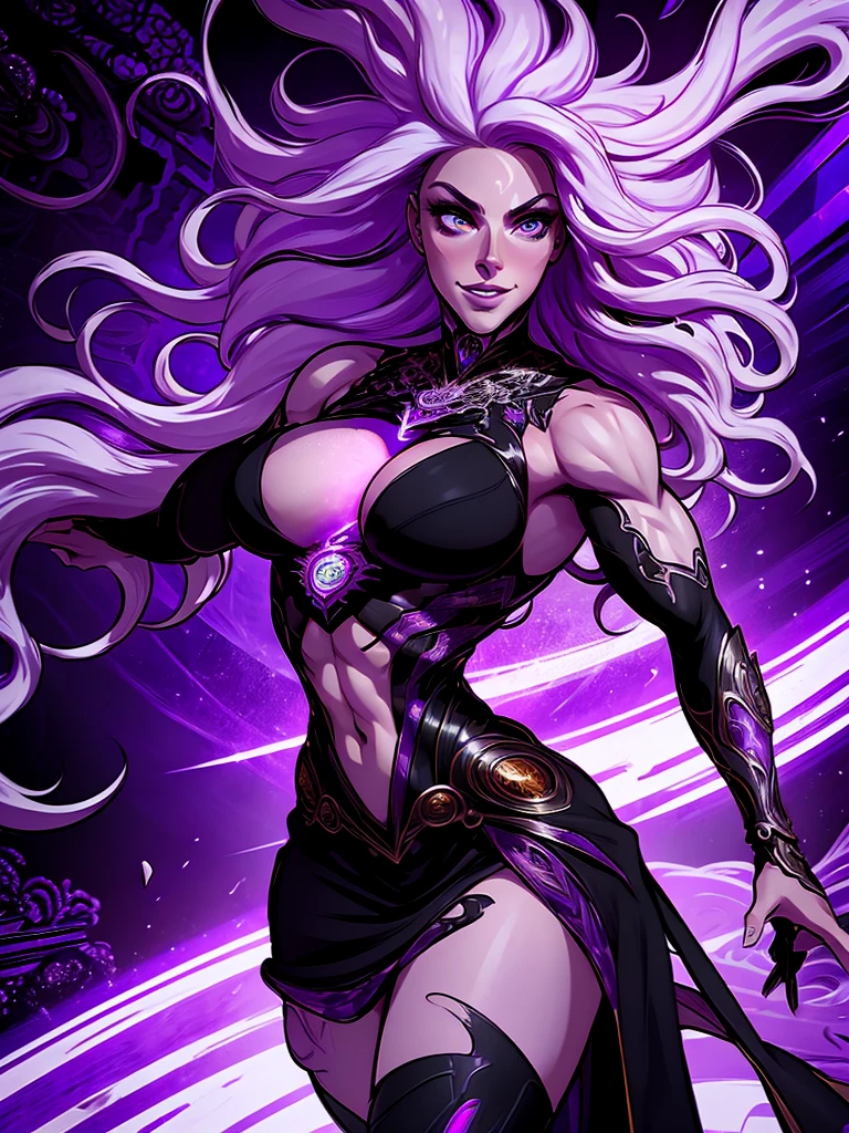 official arts, 8k unity wallpaper, ultra-detailed, beautiful and aesthetically pleasing, masterpiece, best quality, (fractal art: 1.3),female, 1 girl, magic woman, purple eyes, misterious smile, tall woman, very muscular, action move, attack movement, suspicios face, wavy messy white hair, black dress