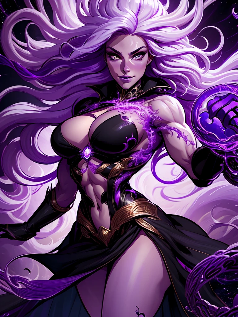 official arts, 8k unity wallpaper, ultra-detailed, beautiful and aesthetically pleasing, masterpiece, best quality, (fractal art: 1.3),female, 1 girl, magic woman, purple eyes, misterious smile, tall woman, very muscular, action move, attack movement, suspicios face, wavy messy white hair, black dress