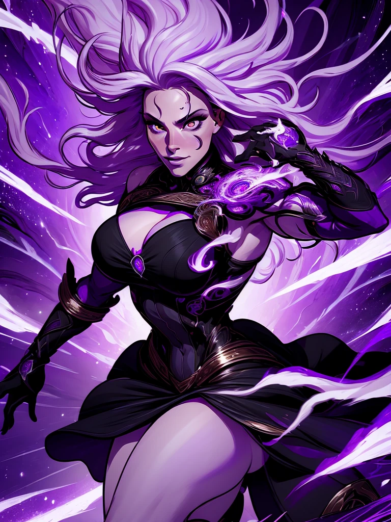 official arts, 8k unity wallpaper, ultra-detailed, beautiful and aesthetically pleasing, masterpiece, best quality, (fractal art: 1.3),female, 1 girl, magic woman, purple eyes, misterious smile, tall woman, very muscular, action move, attack movement, suspicios face, wavy messy white hair, black dress