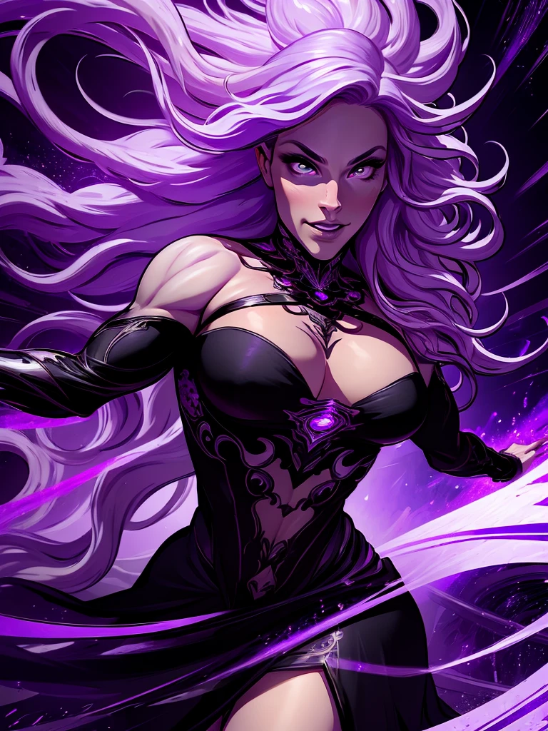 official arts, 8k unity wallpaper, ultra-detailed, beautiful and aesthetically pleasing, masterpiece, best quality, (fractal art: 1.3),female, 1 girl, magic woman, purple eyes, misterious smile, tall woman, very muscular, action move, attack movement, suspicios face, wavy messy white hair, black dress