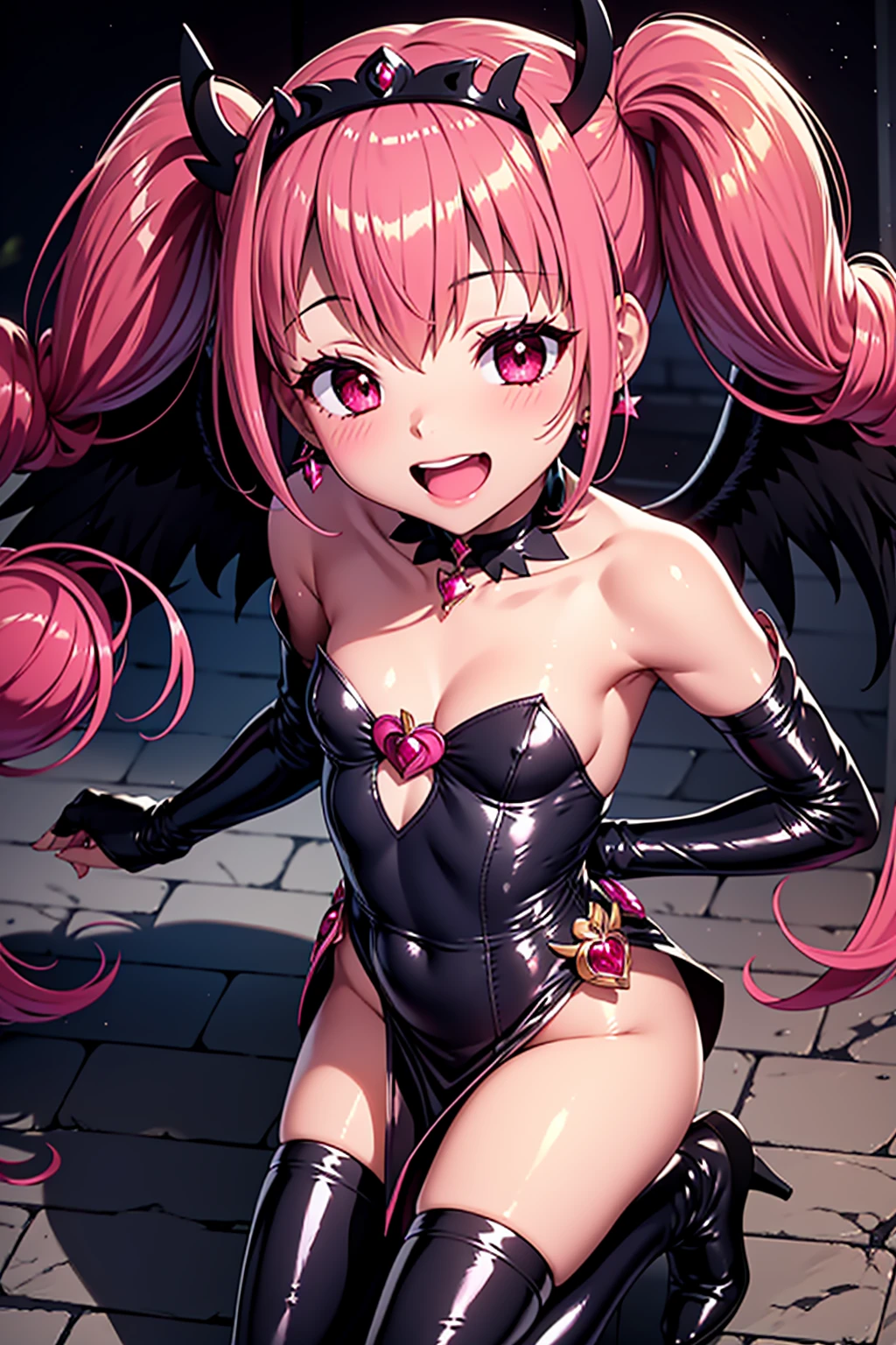 cure happy, 1girl, pink hair, low twintails, black feather hair ornament, skirt, black tiara, wrist cuffs, black gothic dress, low bat wings, black fur, blush cheeks, black enamel boots, corruption, half-closed eyes, evil smile, no pupils, (evil smile), (shiny fabric:1.5) open mouth, dark magical gir