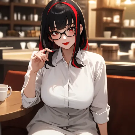 a photo of a young, nerdy woman sitting face down in a cafe, wearing a white shirt, surrounded by a welcoming environment, gazin...