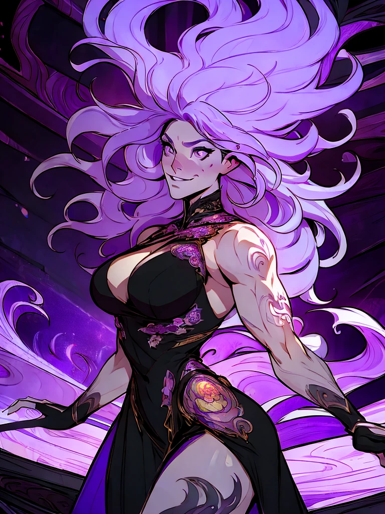 official arts, 8k unity wallpaper, ultra-detailed, beautiful and aesthetically pleasing, masterpiece, best quality, (fractal art: 1.3),female, 1 girl, magic woman, purple eyes, misterious smile, tall woman, very muscular, action move, attack movement, suspicios face, wavy messy white hair, black dress