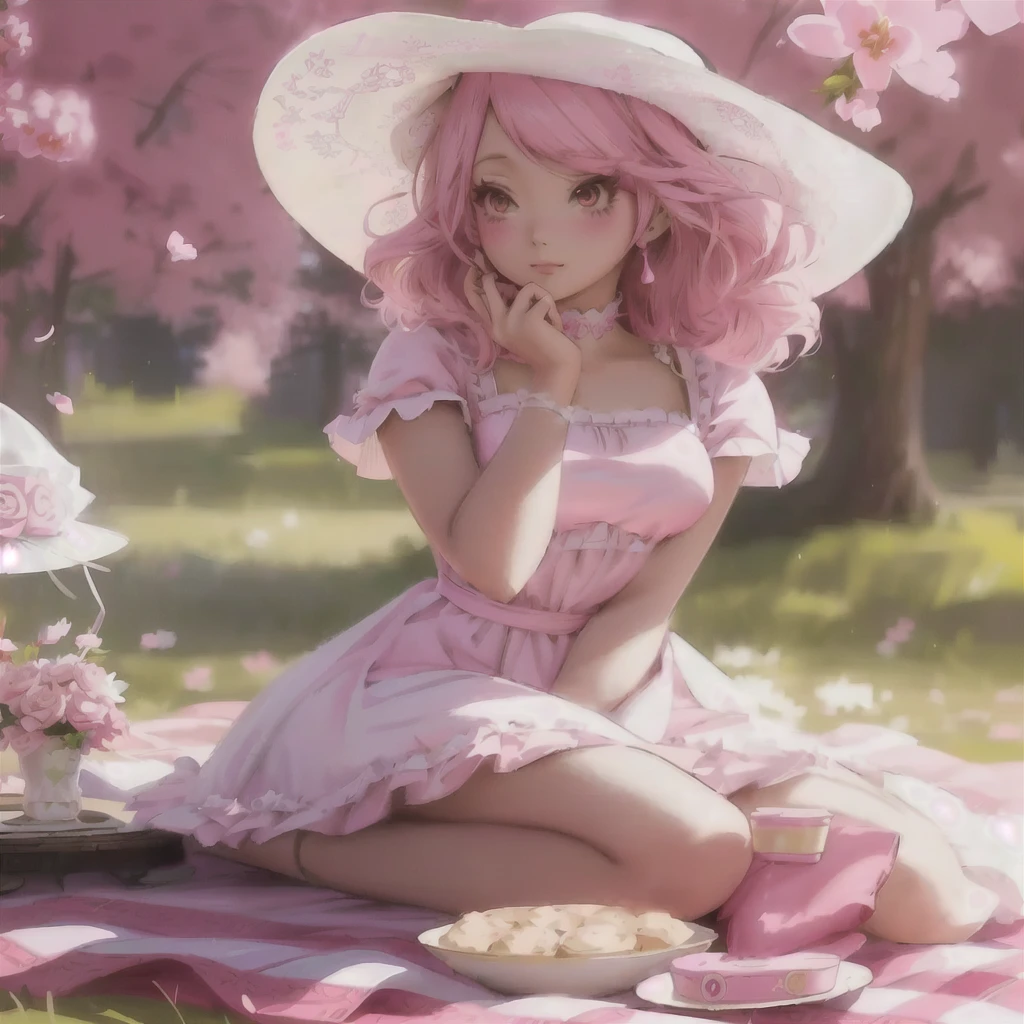 araffe girl in a pink dress and hat sitting on a blanket, artwork in the style of guweiz, pink girl, retro anime girl, guweiz, cute anime waifu in a nice dress, belle delphine, anime styled digital art, anime aesthetic, beautiful anime girl, pretty anime girl, fairycore, realistic anime 3 d style