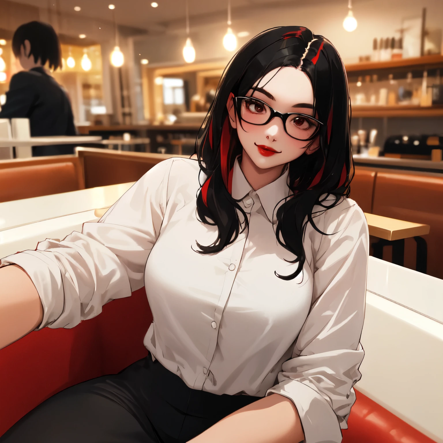 A photo of a young, nerdy woman sitting face down in a cafe, wearing a white shirt, surrounded by a welcoming environment, gazing at viewer. shorth hair, black hair with red highlights, Red lips, flirting with the camera