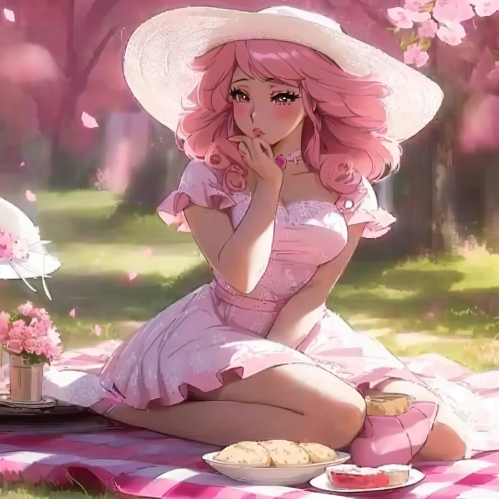 araffe girl in a pink dress and hat sitting on a blanket, artwork in the style of guweiz, pink girl, retro anime girl, guweiz, cute anime waifu in a nice dress, belle delphine, anime styled digital art, anime aesthetic, beautiful anime girl, pretty anime girl, fairycore, realistic anime 3 d style