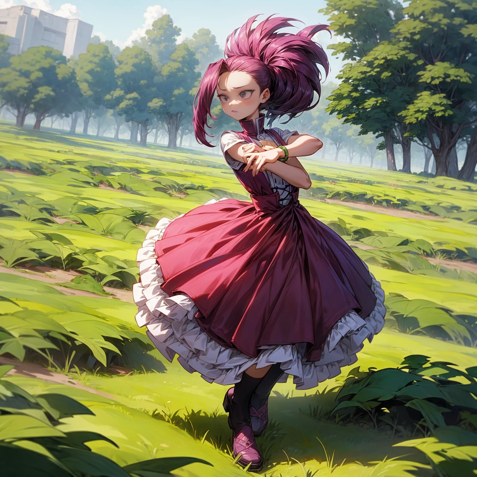 1childern girl, Full body version, 1character, black eyes, big eyes type, short Curly haircut, magenta color hair, Farmer style clothing, blue colour clothing, bracelet, Grassroots, background in field, motion blur, (kimetsu no yaiba style art)