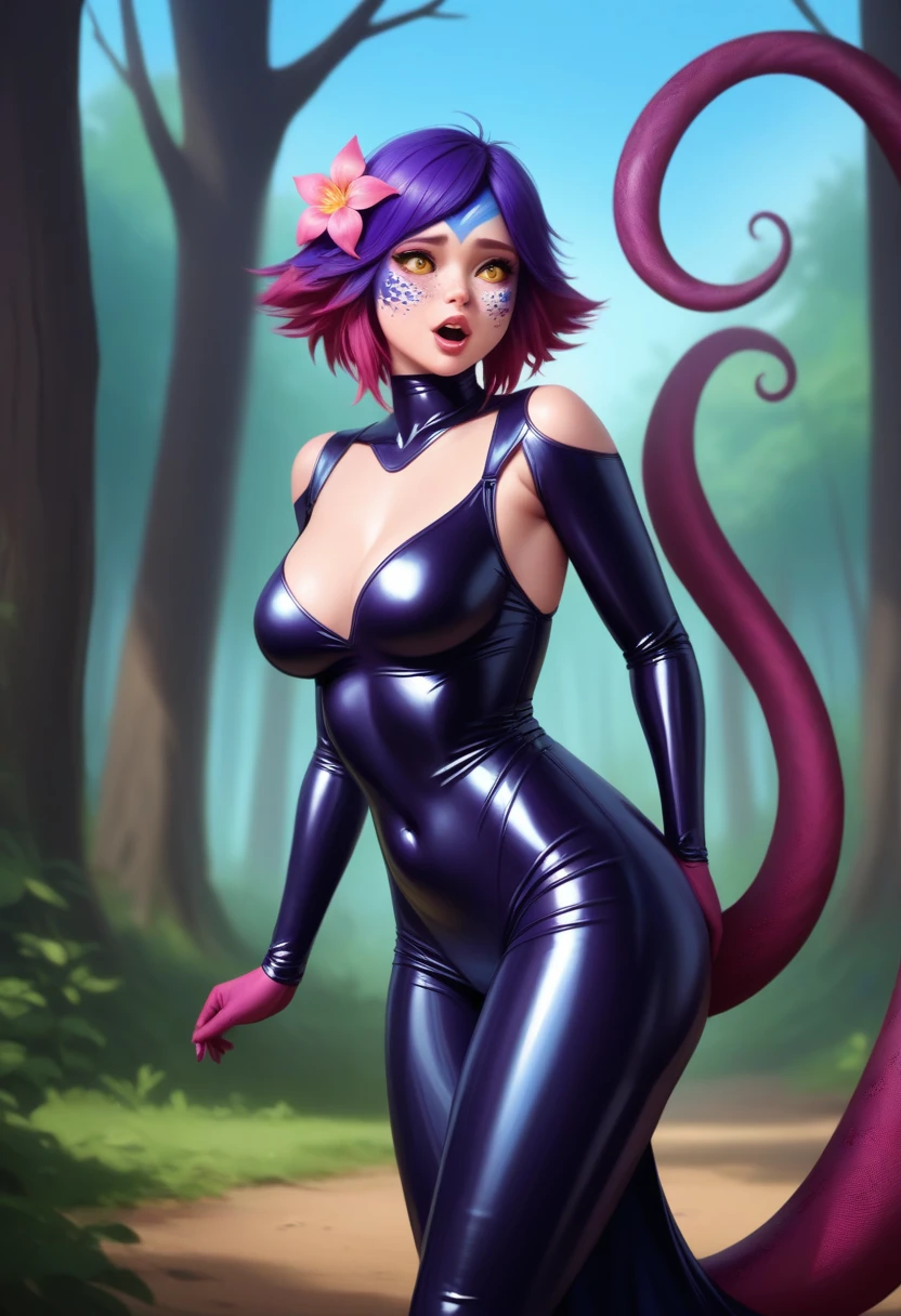 work of art, best qualityer, 1 girl, (realisitic:0.2) Neeko, colored fur, multicolored hair, hair ornament, hair flower, necklase, tummy, lizard tail, facial mark, trunk, woods, looking ahead at viewer, blue sky, incredibly tight outfit, very small clothes, tiny outfit, latex clothing, latex bodycon dress, sexly, orgasm face, :3, realistic latex, 