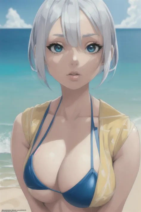 One Girl, Swimwear, blue Swimwear, (Platinum Hair, Double Bang:1), (Big Breasts:1.2), View your audience, Outdoor close-up, sand...