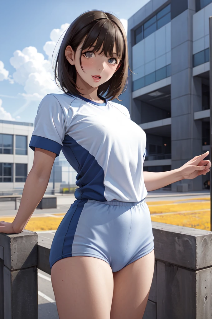 masterpiece, best quality, highres, aanene, short hair, buruma,gym uniform, standing, cowboy shot, outdoors, ahegao,nsfw,