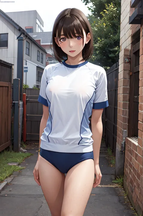 masterpiece, best quality, highres, aanene, short hair, buruma,gym uniform, standing, cowboy shot, outdoors, ahegao,nsfw,