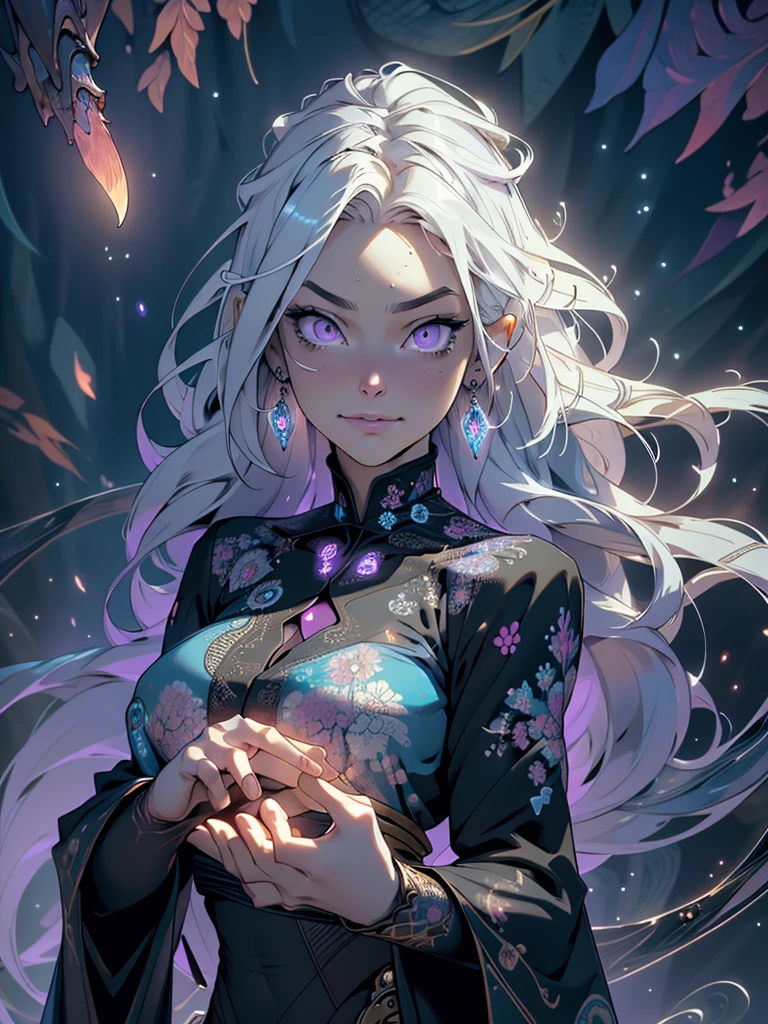 official arts, 8k unity wallpaper, ultra-detailed, beautiful and aesthetically pleasing, masterpiece, best quality, (fractal art: 1.3),female, 1 girl, magic woman, purple eyes, misterious smile, tall woman, very muscular, serious and and angry face, wavy messy white hair, black dress, shrouded in darkness, moving your hands creating a bluish aura that lights up your face