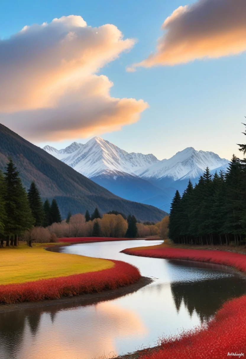 eine schöne Frau mit roten Haaren, Hügellandschaft, Schneebedeckte Berge, flauschige Wolken, Anime-Stil, sehr detailliert, komplizierter Hintergrund, lebendige Farben, sanfte Beleuchtung, ruhige Atmosphäre, malerische Szene, dramatischer Himmel, üppige Vegetation, idyllische Lage, ruhiger See, detaillierte Texturen, Fantasy-Elemente, Meisterwerk, fotorealistisch, (riesige Brüste:1.6), Breite Hüften, Sanduhrform