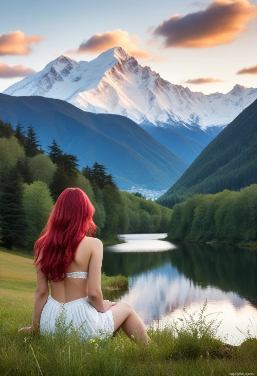 a beautiful red hair women, rolling hills, snow-capped mountains, fluffy clouds, anime style, highly detailed, intricate background, vivid colors, soft lighting, serene atmosphere, picturesque scene, dramatic sky, lush vegetation, idyllic setting, tranquil lake, detailed textures, fantasy elements, masterpiece, photorealistic, (gigantic breast:1.6), wide hips, hourglass shape