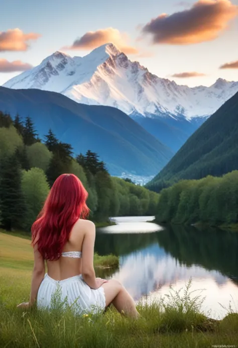 a beautiful red hair women, rolling hills, snow-capped mountains, fluffy clouds, anime style, highly detailed, intricate backgro...