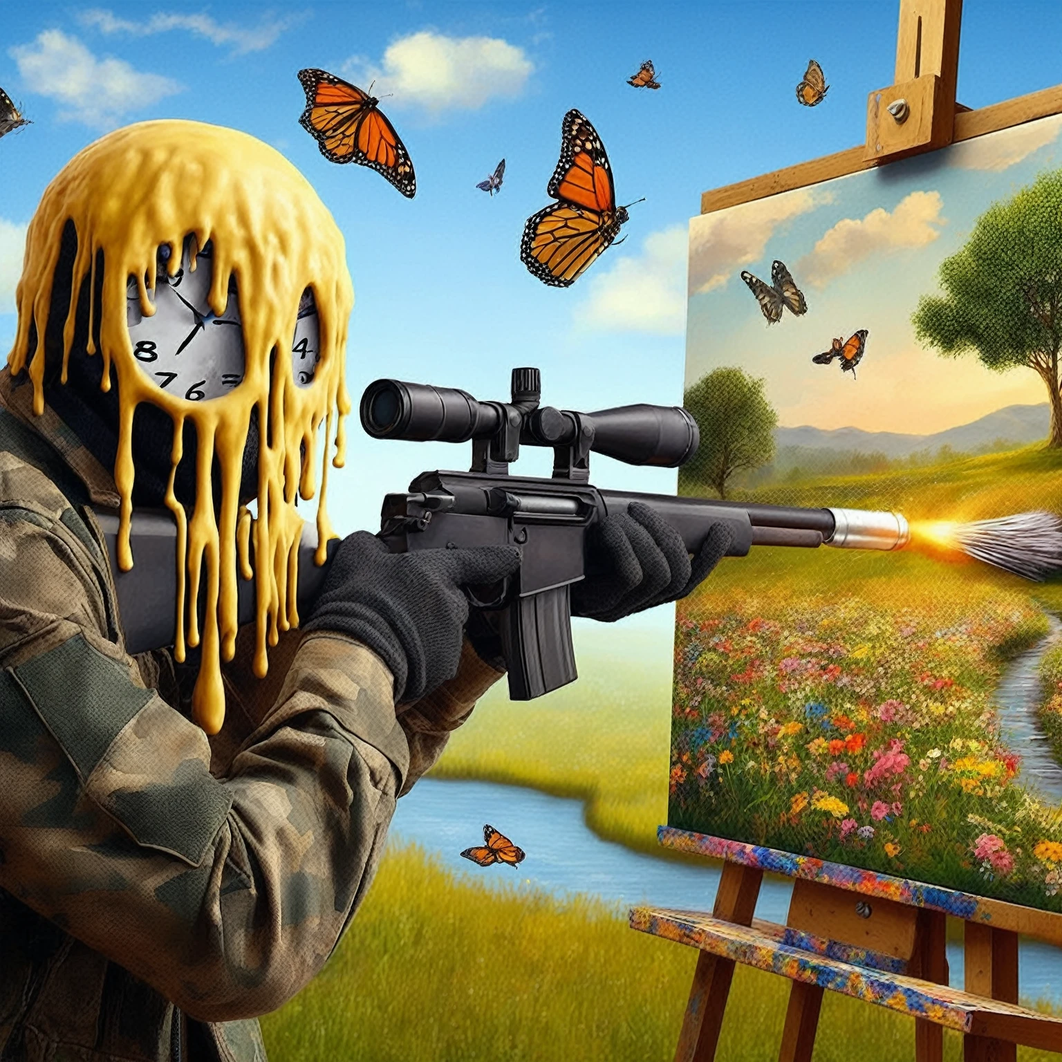 painting of a man with a brush and a rifle in front of a painting of a butterfly, realism in style of fornite game, painting comes to life, an Epic painting of an artist, realistic fortnite, Epic painting, digitl art masterpiece, digitl art #oneshot game, detailed painting 4k, realist art, highly detailed 4 k art, fps game concept art, Salvador Dalli style