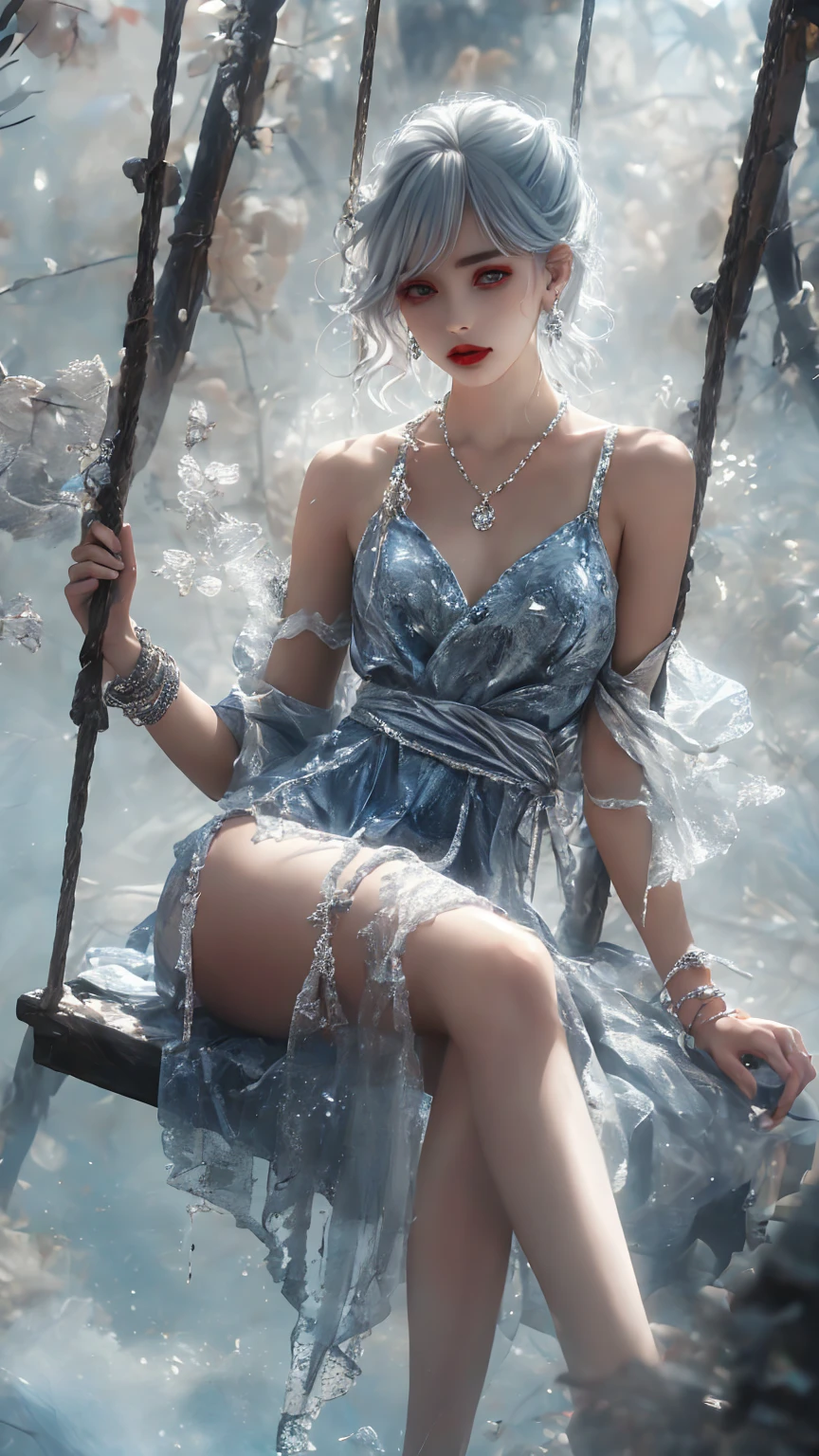 1girl,solo,silver hair, skinny,narrow waist,earrings,nacklace,bracelet,
xuer swing,high gloss,Dresses,
mist,dark,
