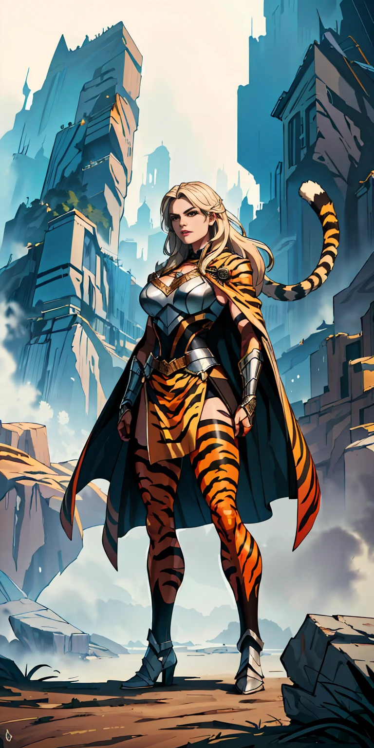 1 Girl (implying one person, likely female) Full Body: Standing with perfect symmetry Muscular Build: Strong and defined physique Turned Arms: Muscular arms positioned behind her back Theme: Epic Fantasy: Set in a fantastical world Asgard: Inspired by Norse mythology (can be subtle or more prominent) Valkyrie/Lady Knight: Combining elements of a fierce warrior and noble protector A motif incorporated into her armor, clothing, or environment (tiger stripes, or a tiger pelt cloak) Visual Style: Hyper Realistic: Incredibly lifelike detail Masterpiece: Exceptional quality 8K Resolution: Sharp and high definition Detailed Drawing: Intricate and richly textured Superior Quality: The best possible rendering Epic Composition: Dramatic and visually stunning