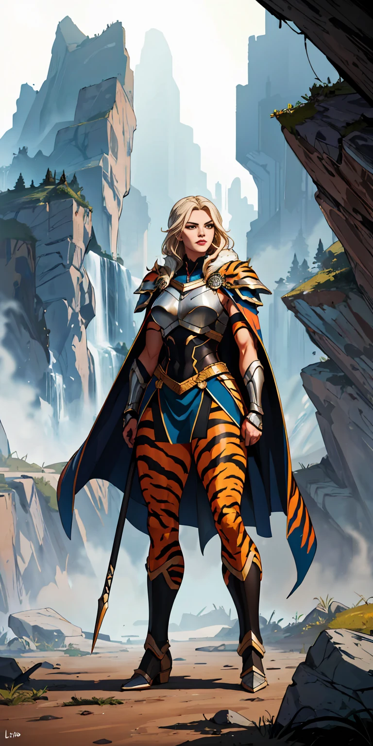 1 Girl (implying one person, likely female) Full Body: Standing with perfect symmetry Muscular Build: Strong and defined physique Turned Arms: Muscular arms positioned behind her back Theme: Epic Fantasy: Set in a fantastical world Asgard: Inspired by Norse mythology (can be subtle or more prominent) Valkyrie/Lady Knight: Combining elements of a fierce warrior and noble protector A motif incorporated into her armor, clothing, or environment (tiger stripes, or a tiger pelt cloak) Visual Style: Hyper Realistic: Incredibly lifelike detail Masterpiece: Exceptional quality 8K Resolution: Sharp and high definition Detailed Drawing: Intricate and richly textured Superior Quality: The best possible rendering Epic Composition: Dramatic and visually stunning