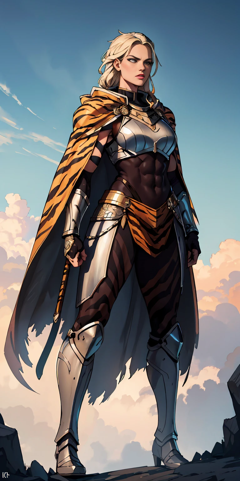 1 Girl (implying one person, likely female) Full Body: Standing with perfect symmetry Muscular Build: Strong and defined physique Turned Arms: Muscular arms positioned behind her back Theme: Epic Fantasy: Set in a fantastical world Asgard: Inspired by Norse mythology (can be subtle or more prominent) Valkyrie/Lady Knight: Combining elements of a fierce warrior and noble protector A motif incorporated into her armor, clothing, or environment (tiger stripes, or a tiger pelt cloak) Visual Style: Hyper Realistic: Incredibly lifelike detail Masterpiece: Exceptional quality 8K Resolution: Sharp and high definition Detailed Drawing: Intricate and richly textured Superior Quality: The best possible rendering Epic Composition: Dramatic and visually stunning