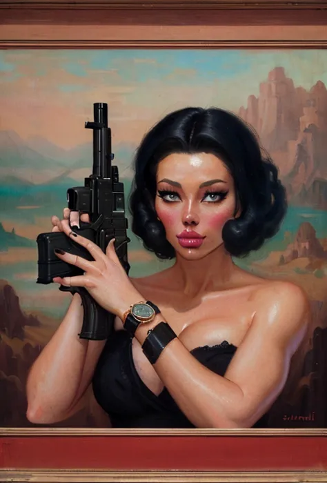 painting of a man with a gun and a watch in the background, arte lowbrow, surreal paintingista, surrealista lowbrow, epic surrea...